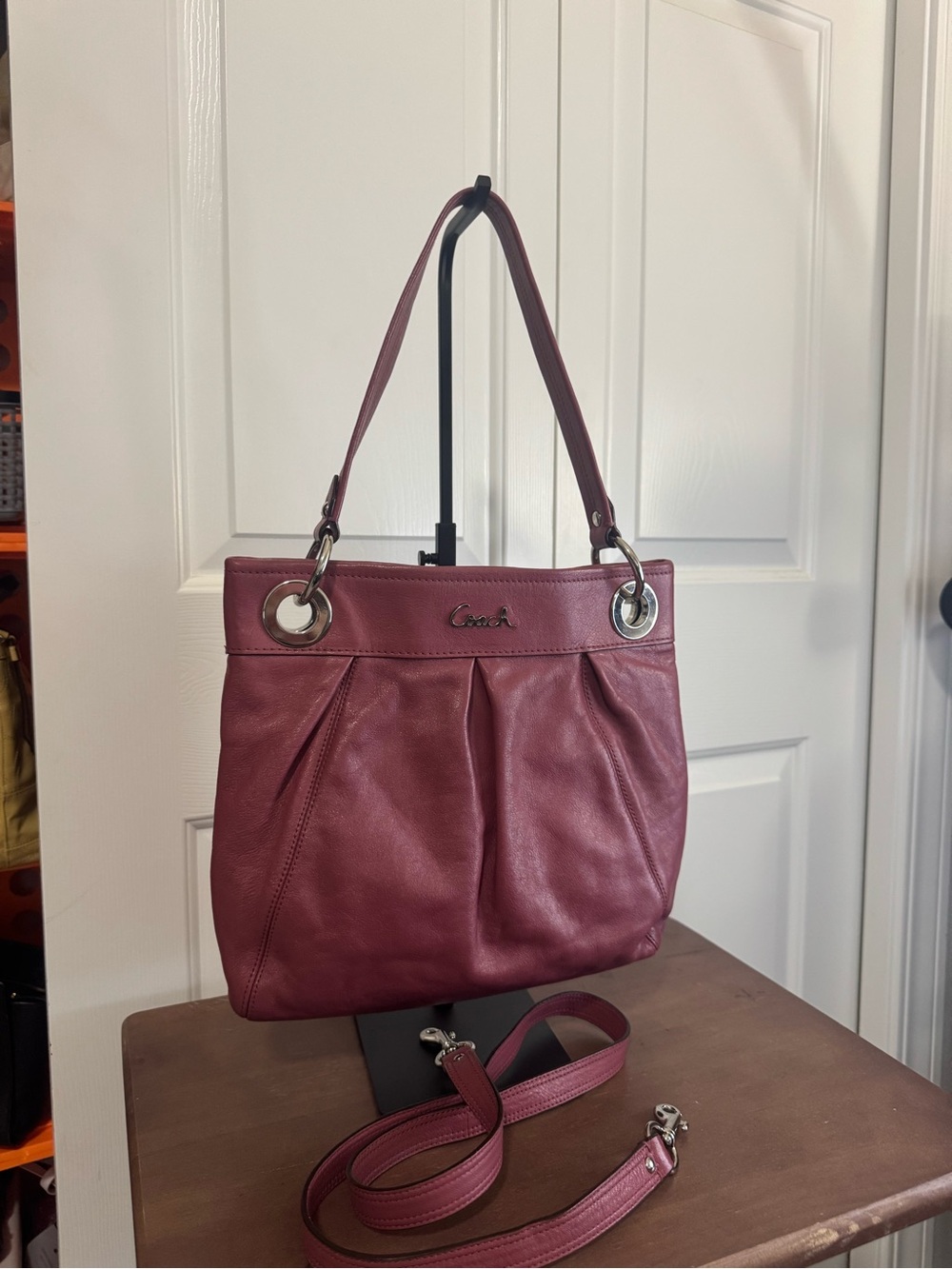 Coach Ashley Burgundy Leather Shoulder Bag with Detachable Strap